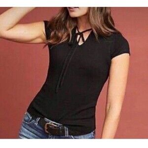 Ett:twa Anthropologie Womens Sweater Cap Sleeve Merino Wool Black Top Size M